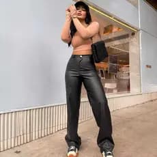 Calça Couro Fake Feminina Wide Leg Cintura Alta Pantalona Preta e Marrom Elegante