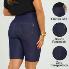 Shorts Jeans Fake Feminino Cotton com Elastano Cintura Alta Bolso M ao G2