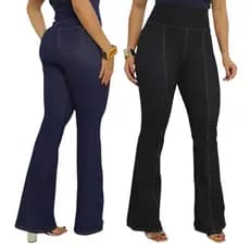 Calça Flare Feminina Cotton Jeans Fake Cos Alto Cintura Alta Boca de Sino Bailarina Bolso