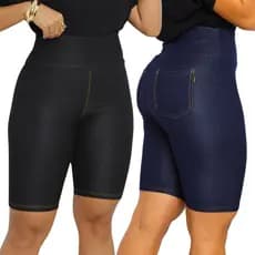 Bermuda Feminina Cotton Imita Jeans com Bolso Cintura Alta Levanta Bumbum Zero Transparência