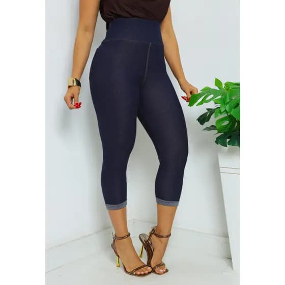 Calça Legging Feminina Corsário Capri Efeito Jeans Cintura Alta com Bolso Zero Transparência