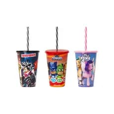 Copo com Canudo e Tampa Infantil 580ml Escola e Viagem PJ Masks My Little Pony Transformers