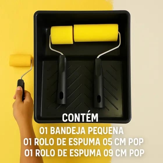 Kit Para Pintura Rolo de Espuma 9cm/5cm C/ Suporte + Bandeja Pequena