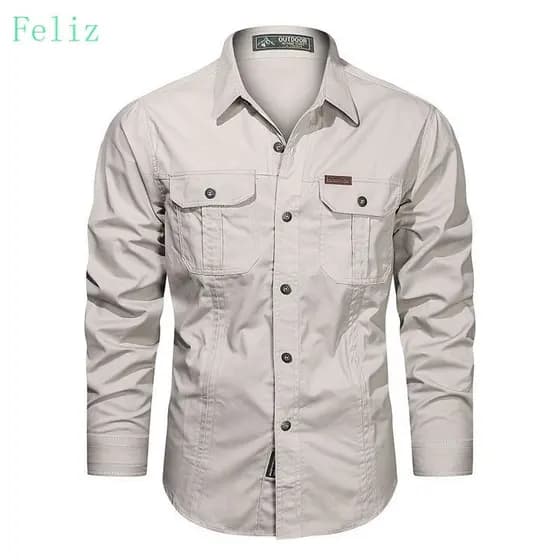 Camisa Cargo 100% Algodão para Homens, Manga Longa, Casual, com Bolso, Roupas Militares para Exterior, Alta Qualidade, P