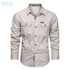 Camisa Cargo 100% Algodão para Homens, Manga Longa, Casual, com Bolso, Roupas Militares para Exterior, Alta Qualidade, P