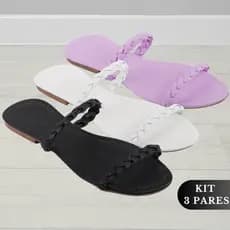 Sandália Rasteirinha Feminina Rasteira Confortável Trança Colorida Kit 3 Pares Verão Calce Fácil