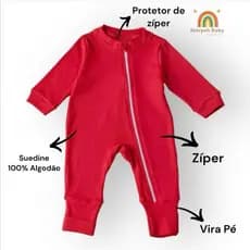Macacão de bebe vermelho com zíper unissex suedine confortavel 100% algodão