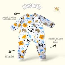 Macacão de bebê Para Menino Vira Pé Raposa Moderno Com Zíper Suedine 100% Algodão