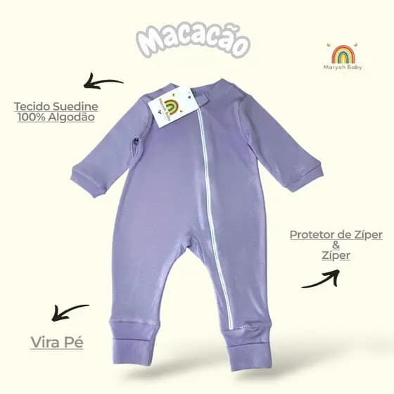 Macacão De Bebê Lilás Com Zíper Para Menina Suedine 100% Algodão