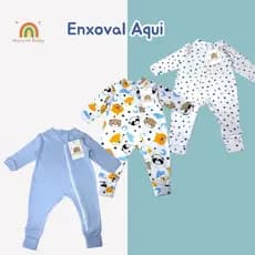 Kit 3 Macacão Bebê Menino Estampado e Neutro Vira Pé com Zíper Etiqueta Estampada