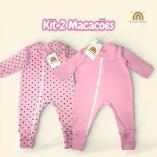 2 Macacões de bebê menina liso e estampado com ziper e vira pé confortavel