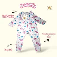 Macacao De Bebe Menina Dino Rosa Vira Pe 100% Algodao Confortavel