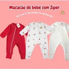 Kit 3 Macacão De Bebê Menina Trio Cerejinha Off Vermelho Fecho Com Ziper Quentinho Confortável