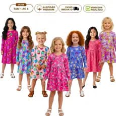 Kit 2 Vestido Infantil Inverno Manga Longa Colorido em Algodão Meia Estação 1 ao 8 com Elastano Menina Bebê