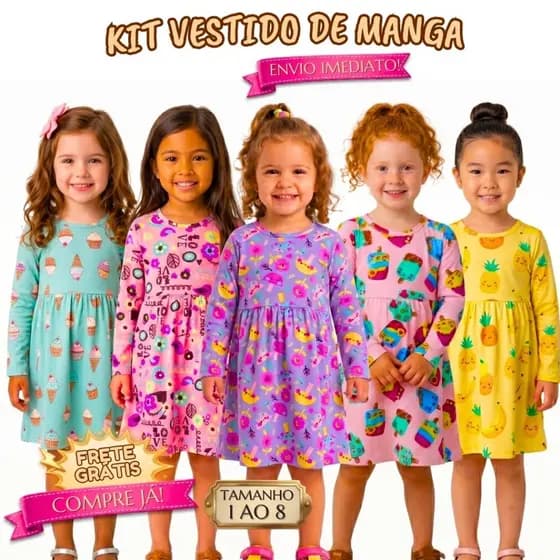 Kit Lote 3 Vestidos Infantis Manga Longa Roupa de Menina Inverno Algodão Cotton 1 ao 8 anos Envio Imediato Sortidos