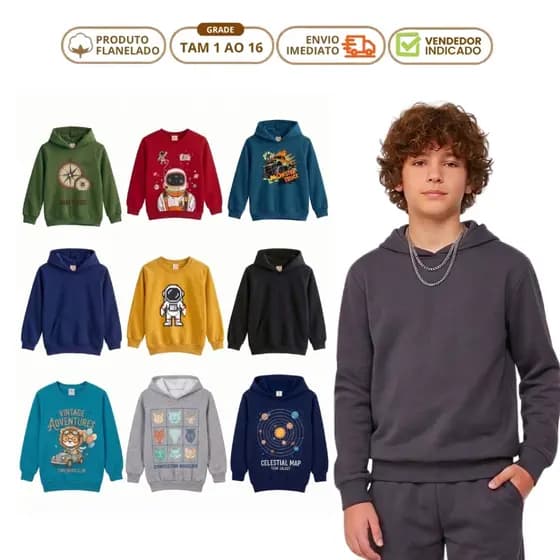 Kit 2 Blusa de Moletom Infantil Menino Capuz Casaco de Frio Inverno Agasalho Flanelado Quentinho Forrado Juvenil 1 ao 16