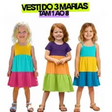 Kit 2 Vestido Infantil Colorido Calor Verão Roupa Infantil Feminina Bebê Vestido 3 Marias 1 ao 8 em Algodão