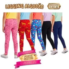 Kit 5 Calça Infantil Legging Feminino Lisa ou Estampada Roupa de Menina Algodão Supllex 1 ao 16 ano com Elastano