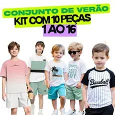 Kit 10 Peças Conjuntos Menino Verão| Roupa Infantil Masculina| 5 Camiseta 5 Bermuda Bebê 1 ao 16 em Algodão