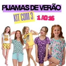 Kit 3 Pijama Verão Menina Conjunto Infantil Feminino Algodão Camiseta e Bermuda BeBê Juvenil 1 ao 16 Roupa de Dormir