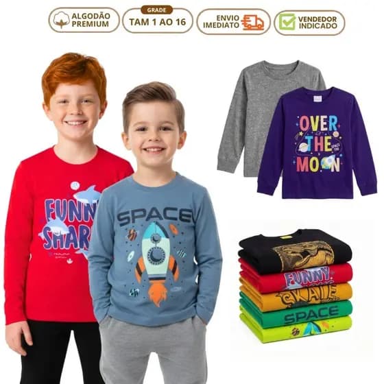 Kit 3 Camiseta Infantil Menino Masculina Manga Longa Outono Inverno em Algodão Lisa ou Estampada 1 ao 16