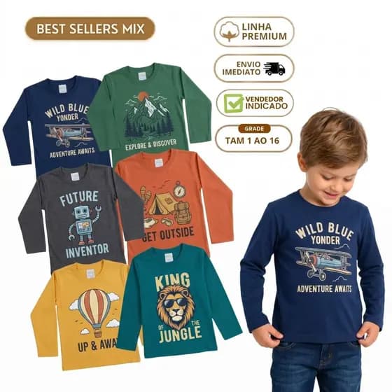 Kit 6 Blusa Manga Longa Infantil Masculino Inverno Algodão Camiseta de Frio Menino 1 a 16 anos Meia Estação Estampado