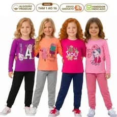 Kit 6 Peças Conjunto Menina Inverno 3 Camiseta Manga e 3 Calça Moletom com Punho Roupa Infantil em Algodão