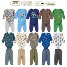 Kit 10 Peças Conjunto Bebê Menino 5 Body Manga e 5 Calça Mijão em Algodão com Botão Estampado P M G Enxoval