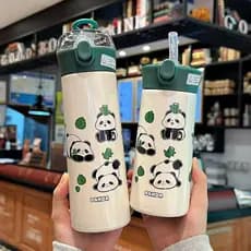 Garrafa Térmica Com Canudo Estampa Panda Aço Inox 380ml