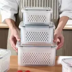 Kit 3/6 Potes Organizadores para Frutas e Verduras com Dreno para Geladeira e Micro-ondas
