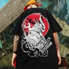Camiseta de alta qualidade 100% algodão, estampa de samurai em armadura, estilo streetwear retrô, unissex