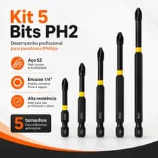 Kit 5 Bits Ponteiras Phillips PH2 Magnéticas de Impacto Aço Reforçado 50 a 150mm Bit PH2, Ponteira Magnética