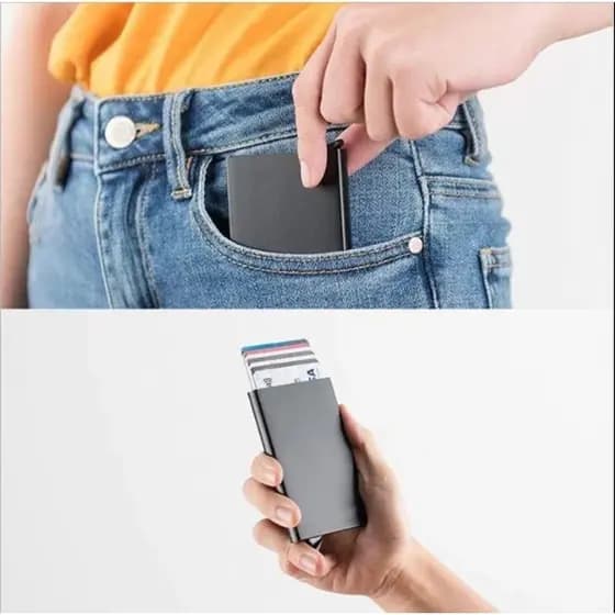 Porta Cartões Alumínio Crédito Debito Minimalista Pop-up  de Metal com Proteção de Aproximação RFID Contactless NFC