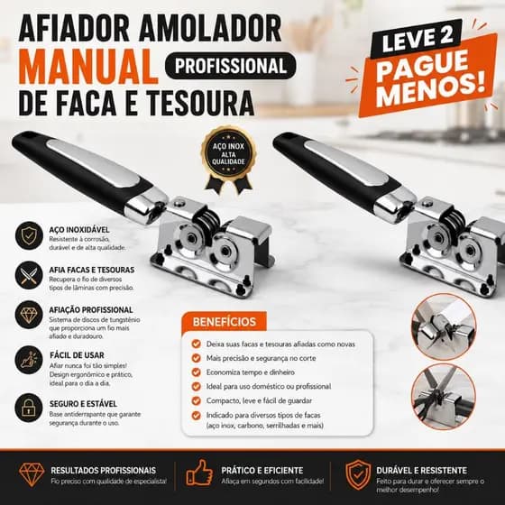 Kit 2 peças Afiador Amolador Manual Faca Tesoura Aço Inox Cozinha Profissional  Amolador de Faca Afiador
