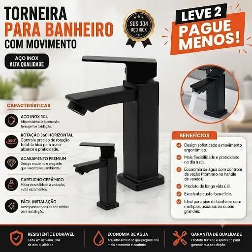 KIT 2 Torneiras Gourmet Lavabo Banheiro Luxo Preto Inox 1/2 cuba  Torneira preta fosca Torneira banheiro