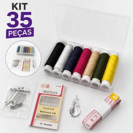 Kit Completo 35pcs Costura Viagem Maleta Agulha Linha Fita Metrica