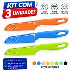kit 3 peças de Faca Colorida de Aço Inox Para Cortar Legumes Faquinha De Cozinha com Capa protetora de lâmina Cortar Inf