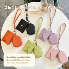 Conjunto De Mini Carteira De Couro Com Textura De Lichia Multifuncional 2 Em 1 , Porta-Cartões De Pressão , Zíper , Fone