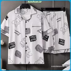 Pijamas masculinos finos calças de manga curta Cardigan mais gordura dos desenhos animados homens juventude Homewear ter