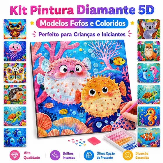 Kit Pintura Diamante 5D Infantil DIY Completo 12 Modelos com Pedrinhas para Crianças