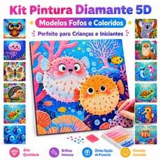 Kit Pintura Diamante 5D Infantil DIY Completo 12 Modelos com Pedrinhas para Crianças