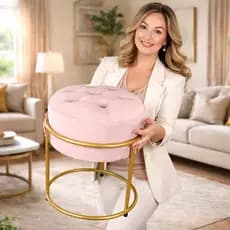 Puff Redondo Tecido de Veludo com Base de Argola em Ferro Dourado Decoração para Sala Quarto Penteadeira Banqueta