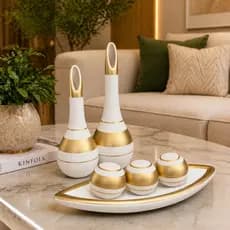 Kit Vasos Decorativos Luxo 6 Peças Cerâmica Sala Rack Hall Elegante Moderno Branco Dourado