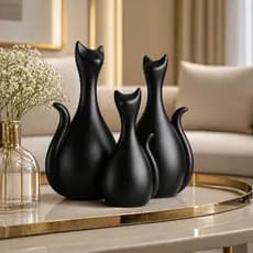 Trio Família Gatos Decoração Cerâmica Gatinhos de Luxo para Estante Mesa Rack Sala