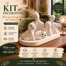 Kit Estatuas de Gesso Familia PAI FILHO MAE + Cachorro e Gato e bandeja pr decorações