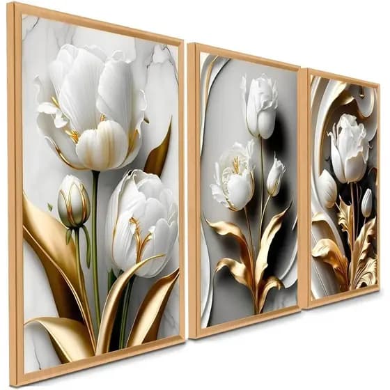 Quadros Decorativos Flor Tulipa Branca Dourada 3 Peças Mosaico Sala Quarto Escritório