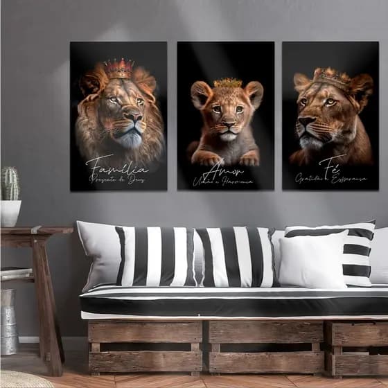 kit quadros família frases motivacionais 3 peças leao leoa e filhote para sala quadro