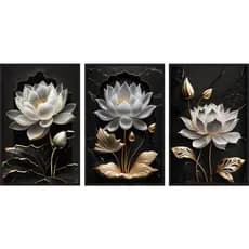 Quadro decorativo para salas e quartos lótus brancas do fundo preto 3 peças n069