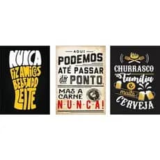 Kit Quadros decorativos Mosaico 3 Peças Trio Churrasco Frase Nunca Fiz Amigos Bebendo Leite Família Carne Área Lazer