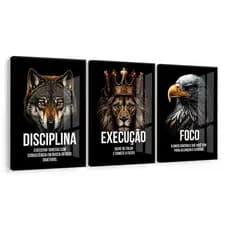 Quadro Decorativo Disciplina Execução Foco Lobo Leão Águia Frases Motivacionais Decoração Escritório
